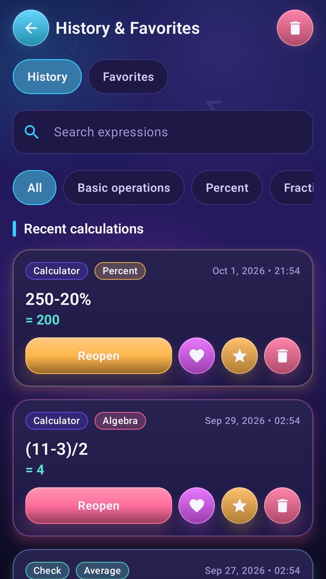 EduCalc Wizard history and favourites