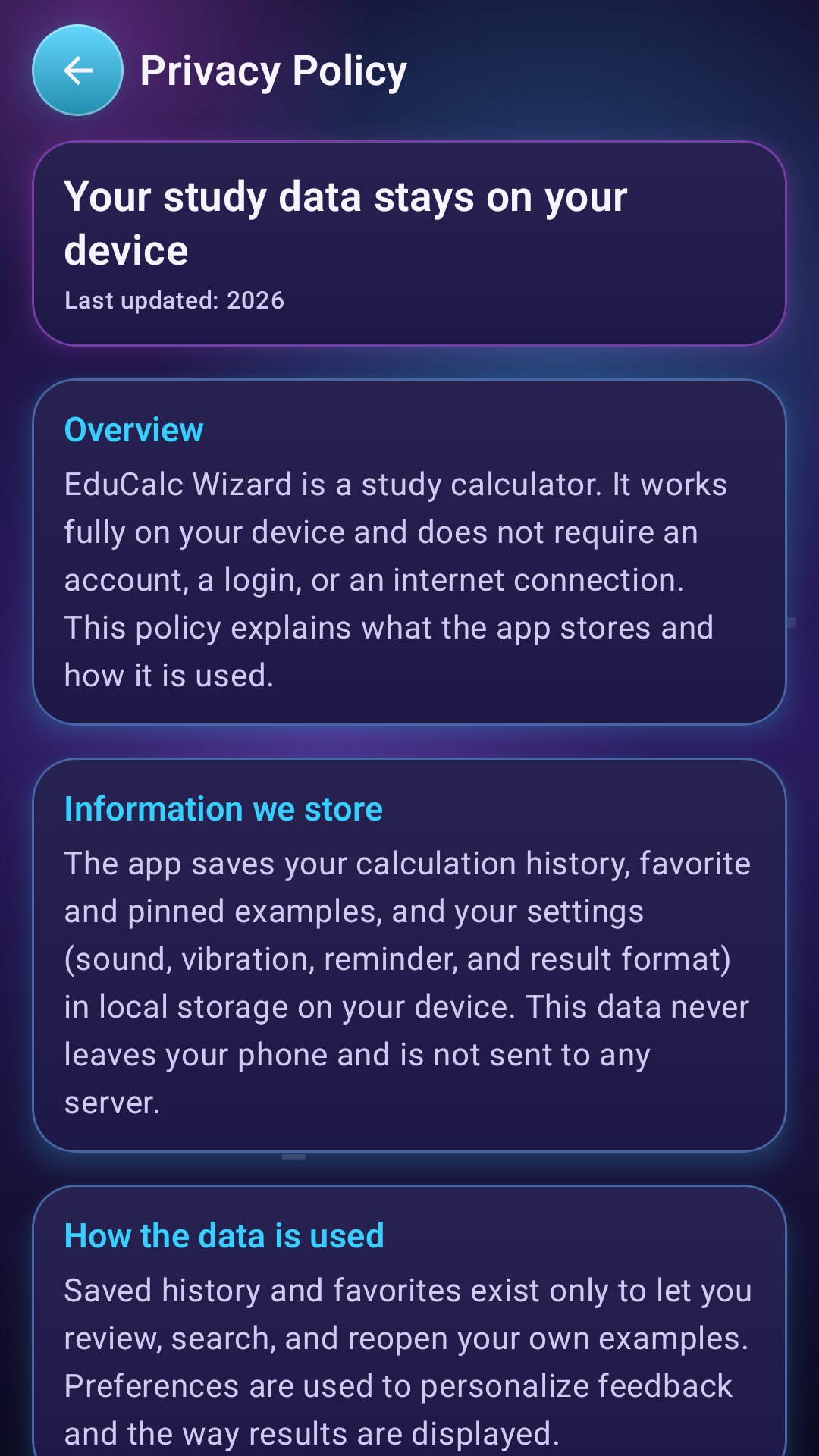 EduCalc Wizard privacy screen
